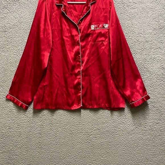 PINK Women’s Satin Pajama Top Button Up Long Sleeve Chest Pocket XL Red - Picture 1 of 12